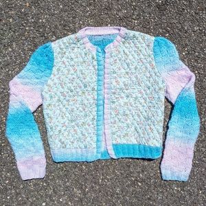 Vintage 1970s Pastel Pink Blue Handmade Floral Quilted Cardigan Sweater L Retro
